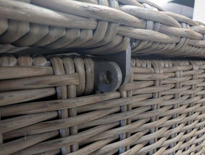 close up of Rattan garden storage chest