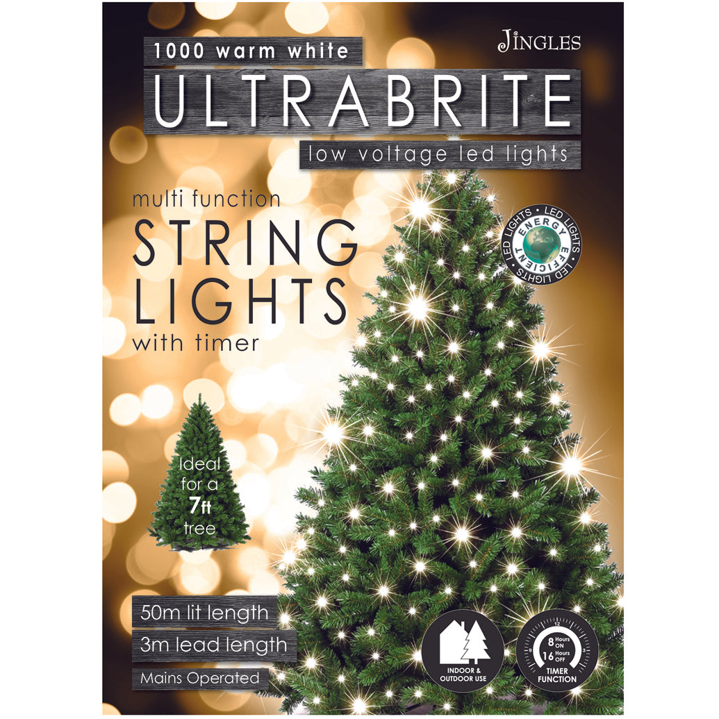 1000 Warm White Ultrabrite LED Christmas String Lights (50m Lit Length)