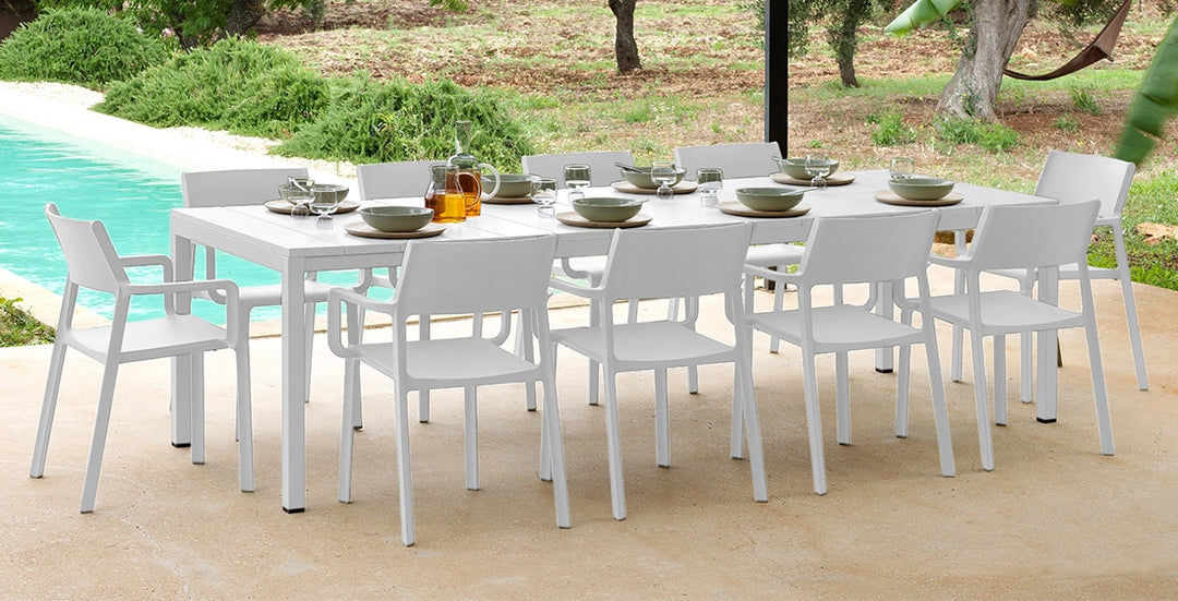 Rio 10 Seat Dining Set with Extendable Table with Trill Arm Chairs - White