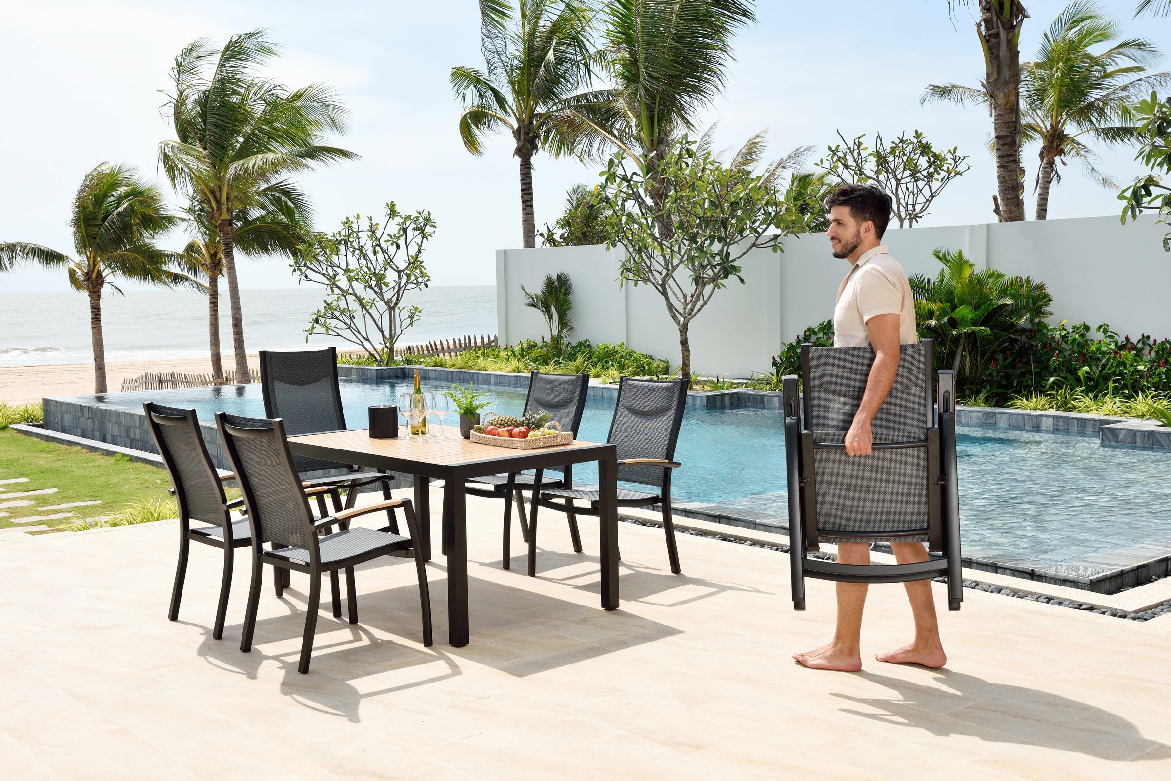 Panama 6 seat dining set multi position chair recliner
