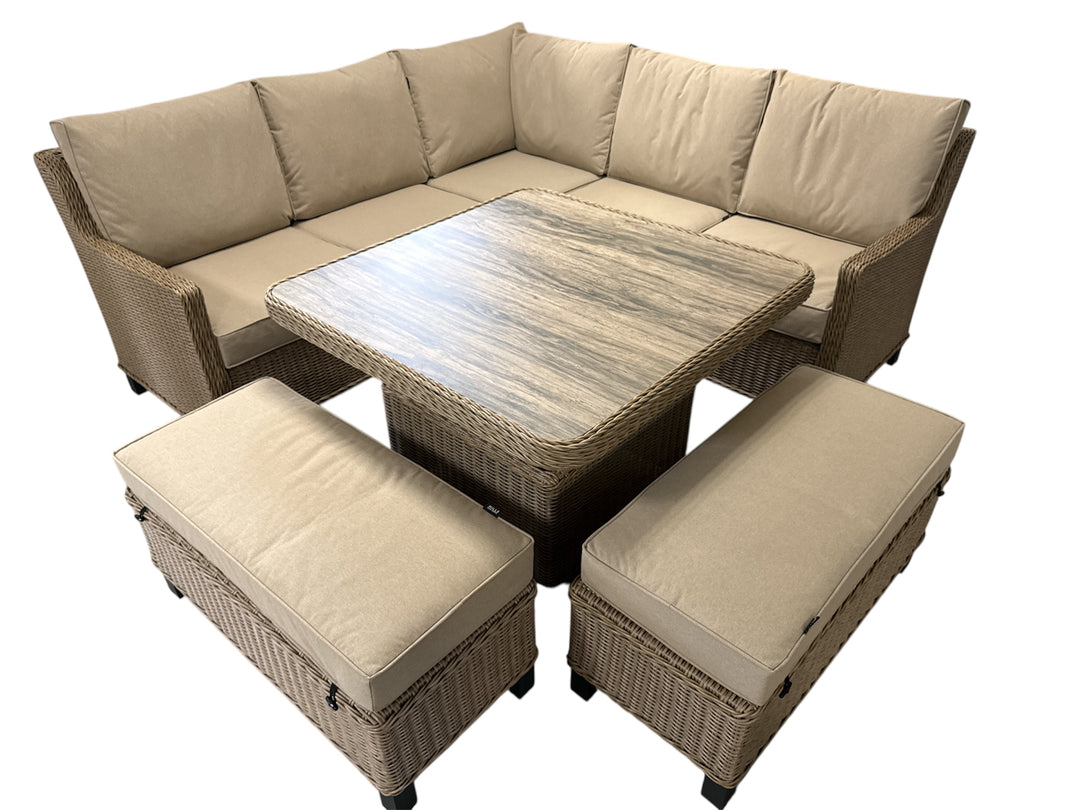 Hamilton Rattan Outdoor Corner Sofa Set with Height Adjustable Table - Light Oak