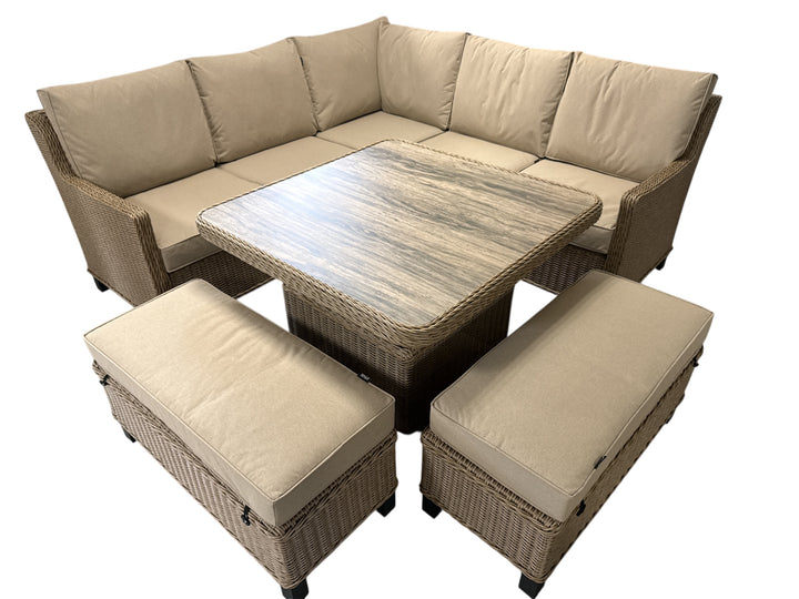 Hamilton Rattan Outdoor Corner Sofa Set with Height Adjustable Table - Light Oak