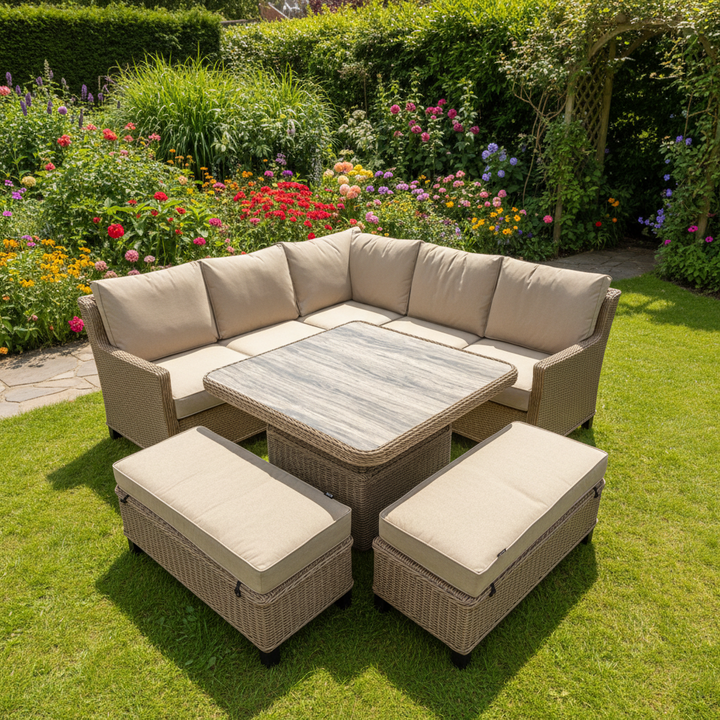 Hamilton Rattan Outdoor Corner Sofa Set with Height Adjustable Table - Light Oak