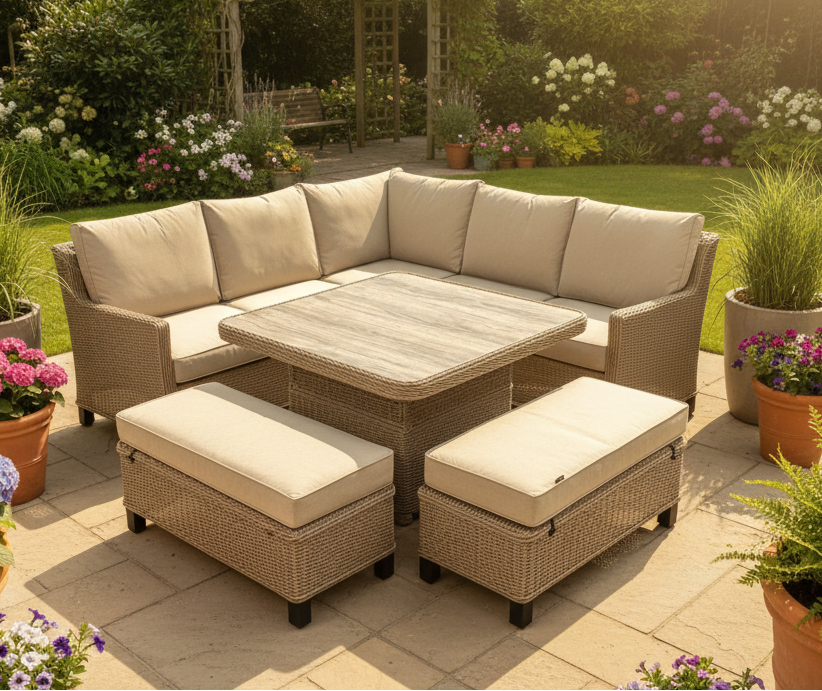 Hamilton Rattan Outdoor Corner Sofa Set with Height Adjustable Table - Light Oak