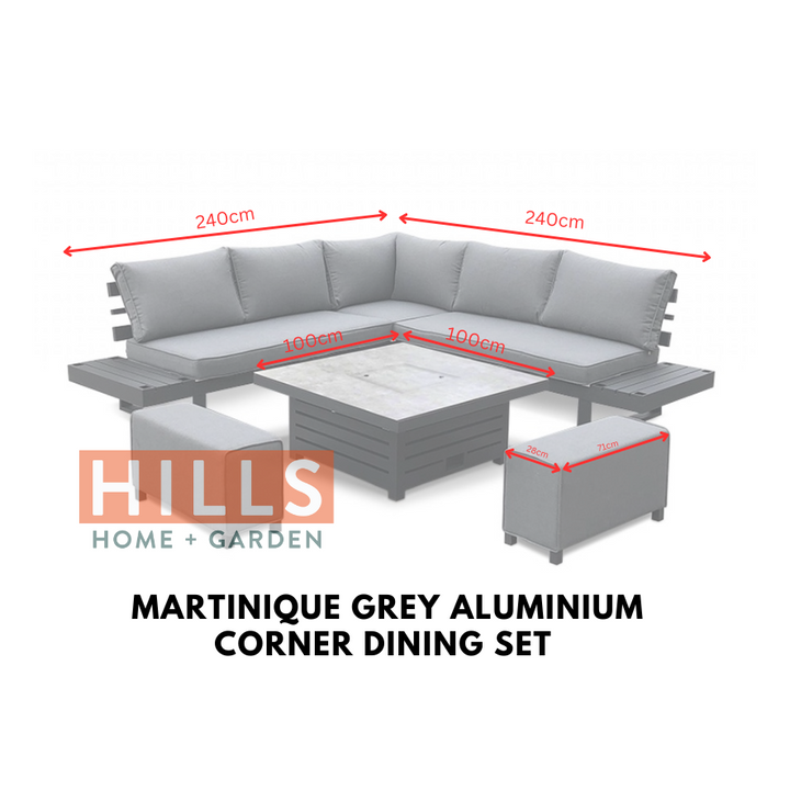Martinique Grey Aluminium Corner Dining Set | Adjustable Armrest | Ice Bucket | Rise and Fall Table