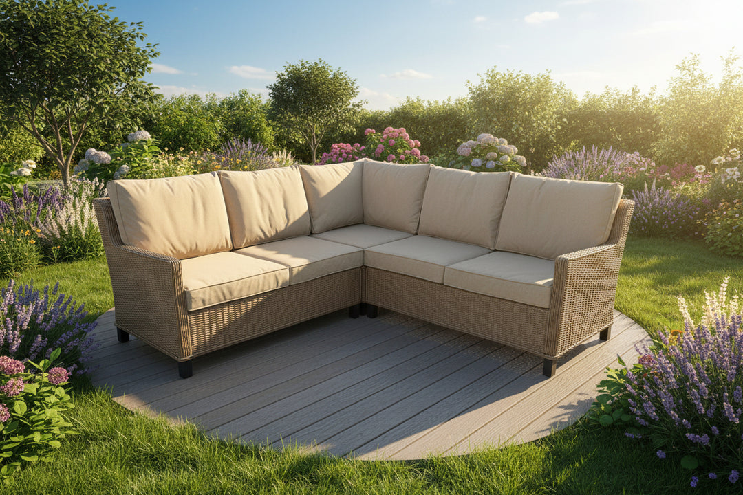 Hamilton Rattan Outdoor Corner Sofa Set with Height Adjustable Table - Light Oak