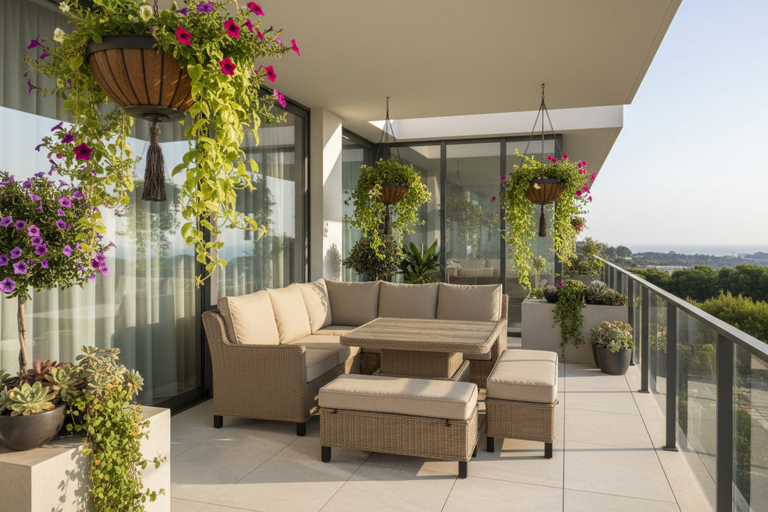 Hamilton Rattan Outdoor Corner Sofa Set with Height Adjustable Table - Light Oak