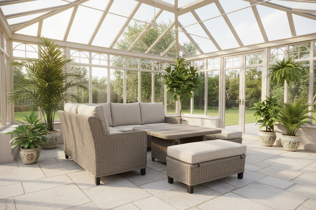 Hamilton Rattan Outdoor Corner Sofa Set with Height Adjustable Table - Light Oak