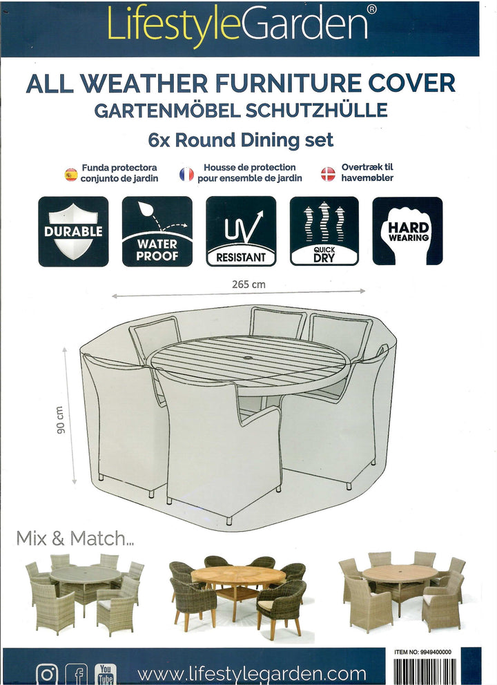 Lifestyle Garden Premium 6-8 Seat Round Dining Set Garden Furniture Cover - 265cm Diameter