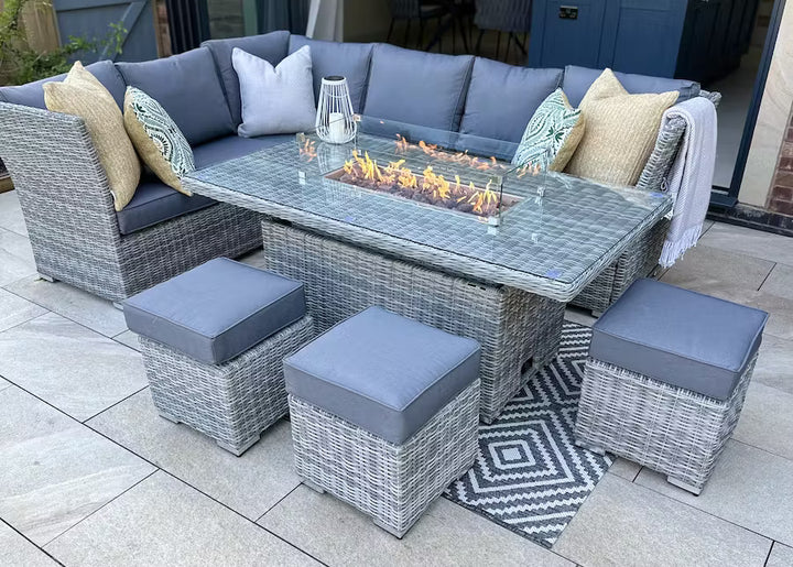 Capri Rattan Outdoor Corner Sofa Set with Fire Pit - BUNDLE