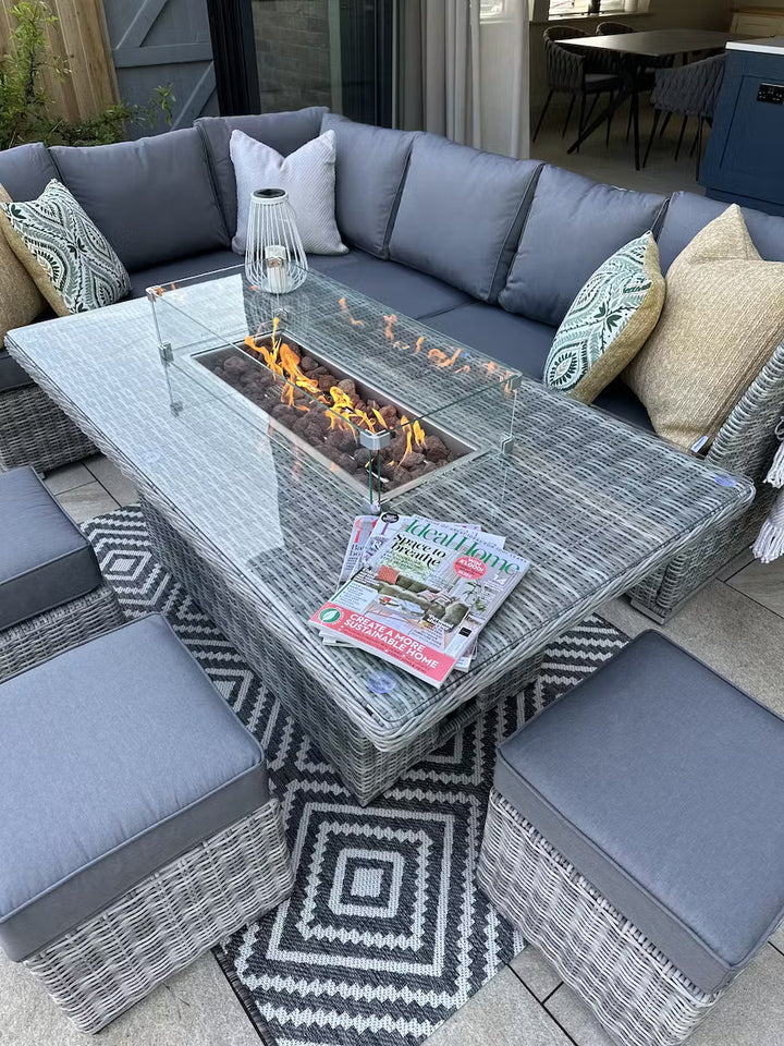 Capri Rattan Outdoor Corner Sofa Set with Fire Pit - BUNDLE
