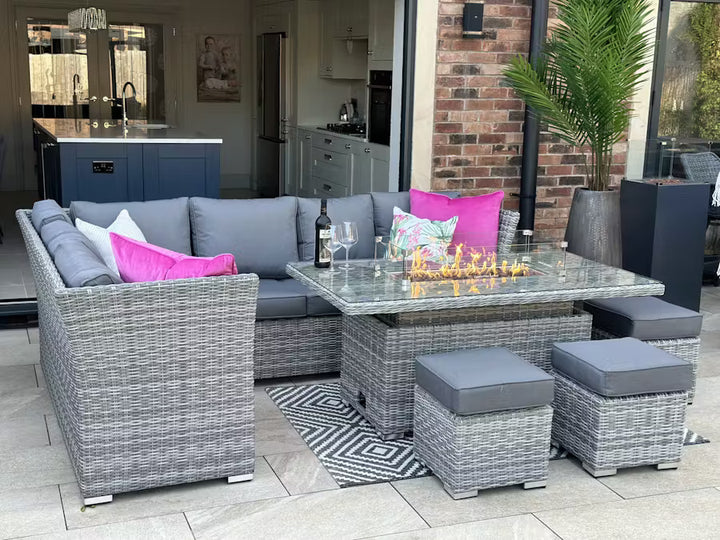 Capri Rattan Outdoor Corner Sofa Set with Fire Pit - BUNDLE