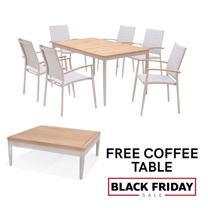 BLACK FRIDAY Lifestyle Garden Topaz Light 6 Seat Dining Set 144cm WITH FREE COFFEE TABLE