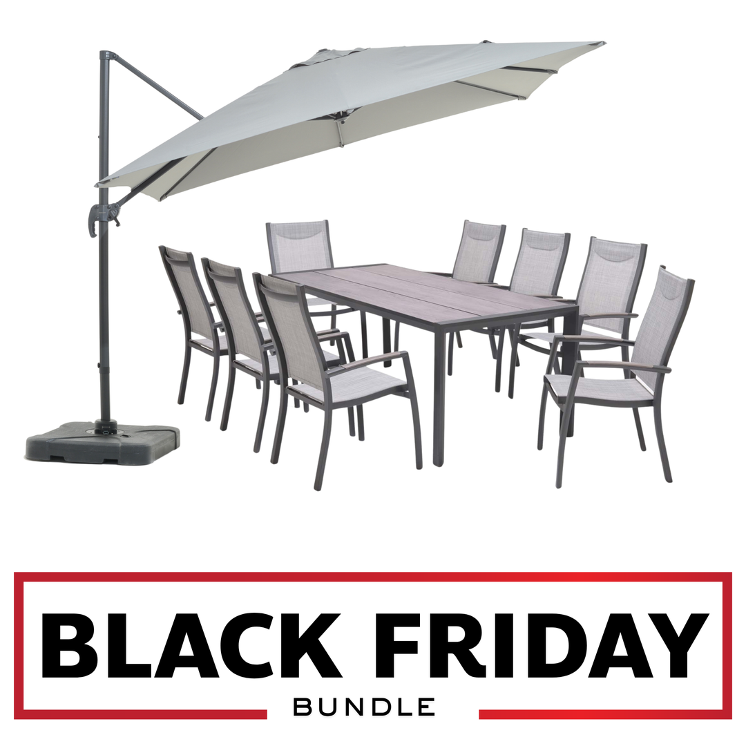 BLACK FRIDAY BUNDLE: Urbanite Dark 8 Seat Dining Set WITH 3 x 3m Cantilever Parasol and Base