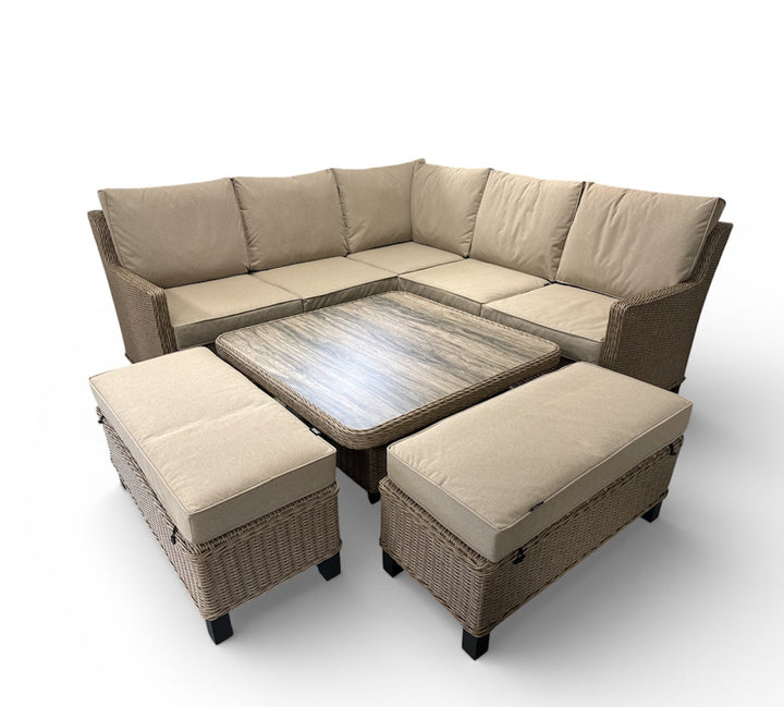 Hamilton Rattan Outdoor Corner Sofa Set with Height Adjustable Table - Light Oak