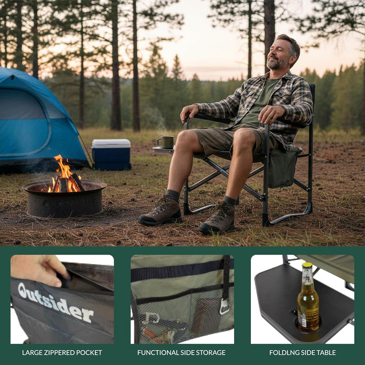 2x Outsider Folding Directors Chair with Side Table, Cup Holder and Storage Pockets