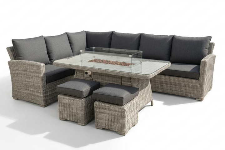 Capri Rattan Outdoor Corner Sofa Set with Fire Pit Table | KENT ONLY DELIVERY