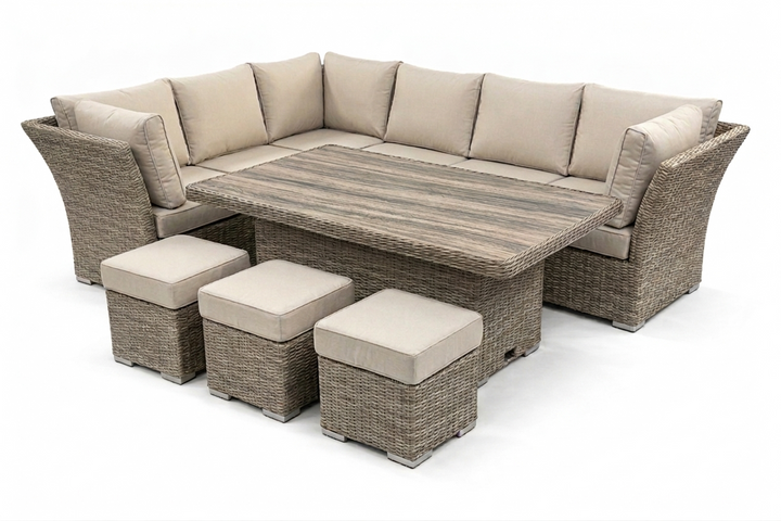 Capri Rattan Outdoor Corner Sofa Set with Height Adjustable Table - Light Oak | KENT ONLY DELIVERY