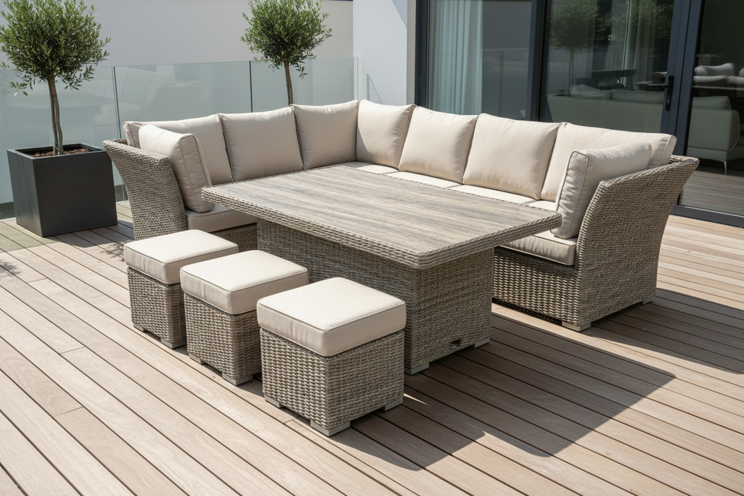 Capri Rattan Outdoor Corner Sofa Set with Height Adjustable Table - Light Oak | KENT ONLY DELIVERY