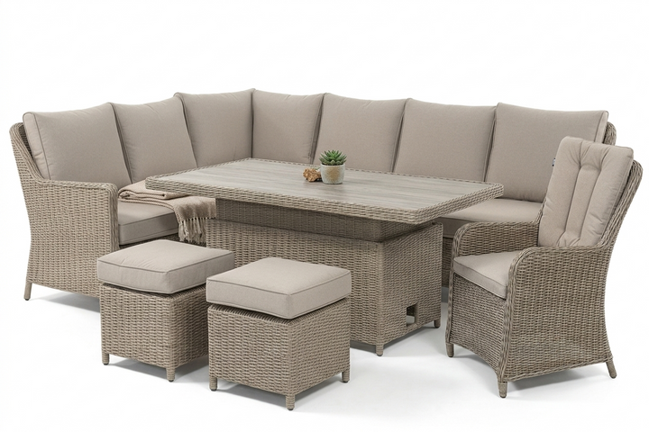 Luna Rattan Outdoor Corner Sofa Set with Rise & Fall Table and Arm Chair - Light Oak