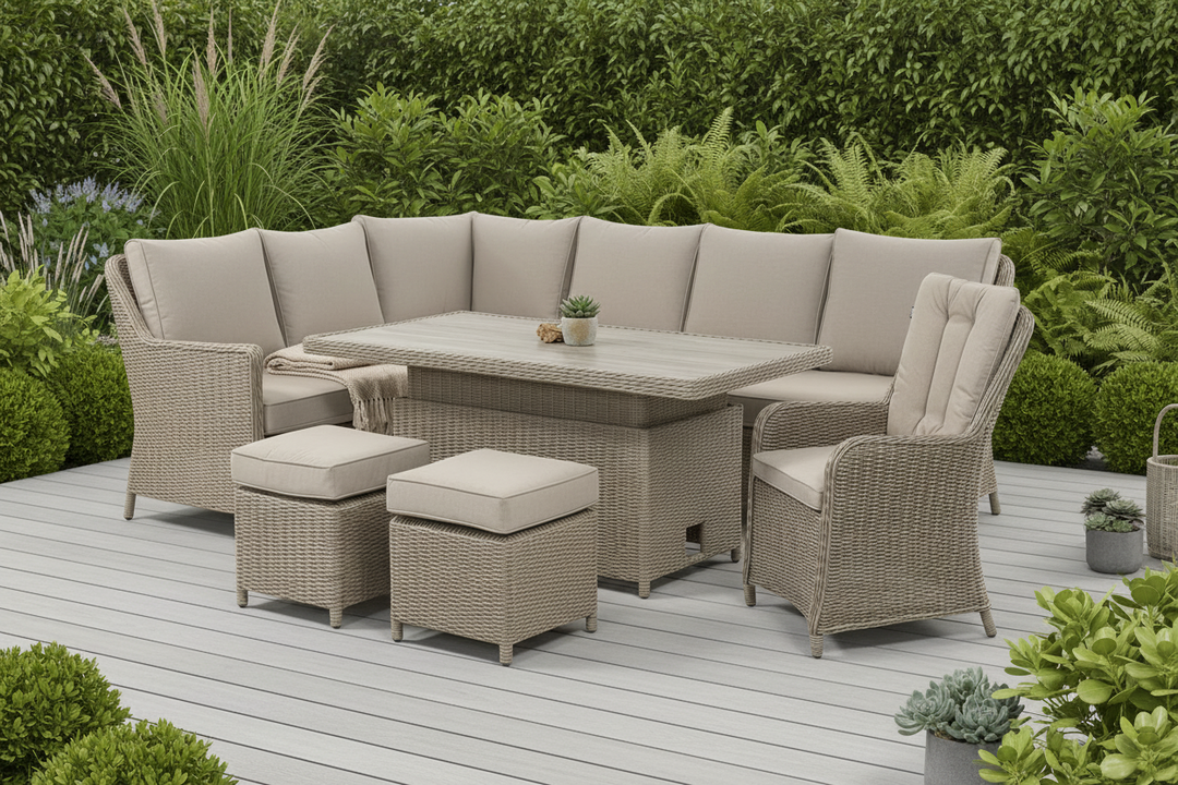 Luna Rattan Outdoor Corner Sofa Set with Rise & Fall Table and Arm Chair - Light Oak