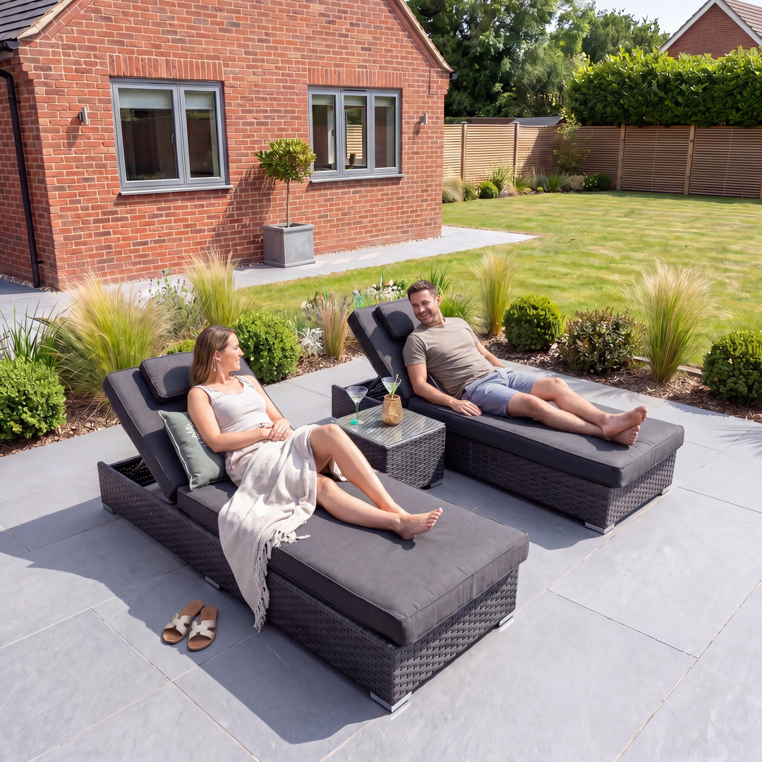 Nova - Vyda Luxury Sun Lounger Set with Extra Thick Cushions Set of 2 with Table - Grey