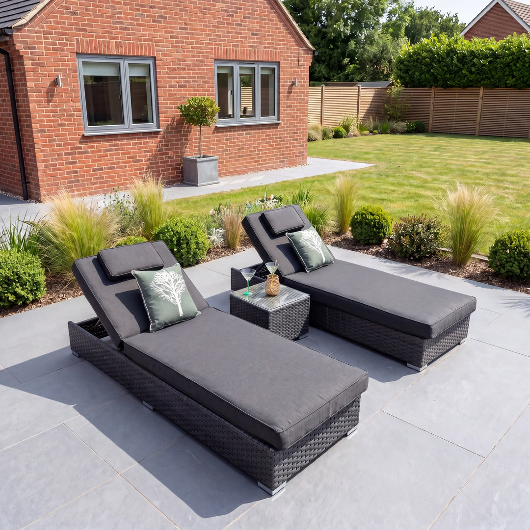 Nova - Vyda Luxury Sun Lounger Set with Extra Thick Cushions Set of 2 with Table - Grey