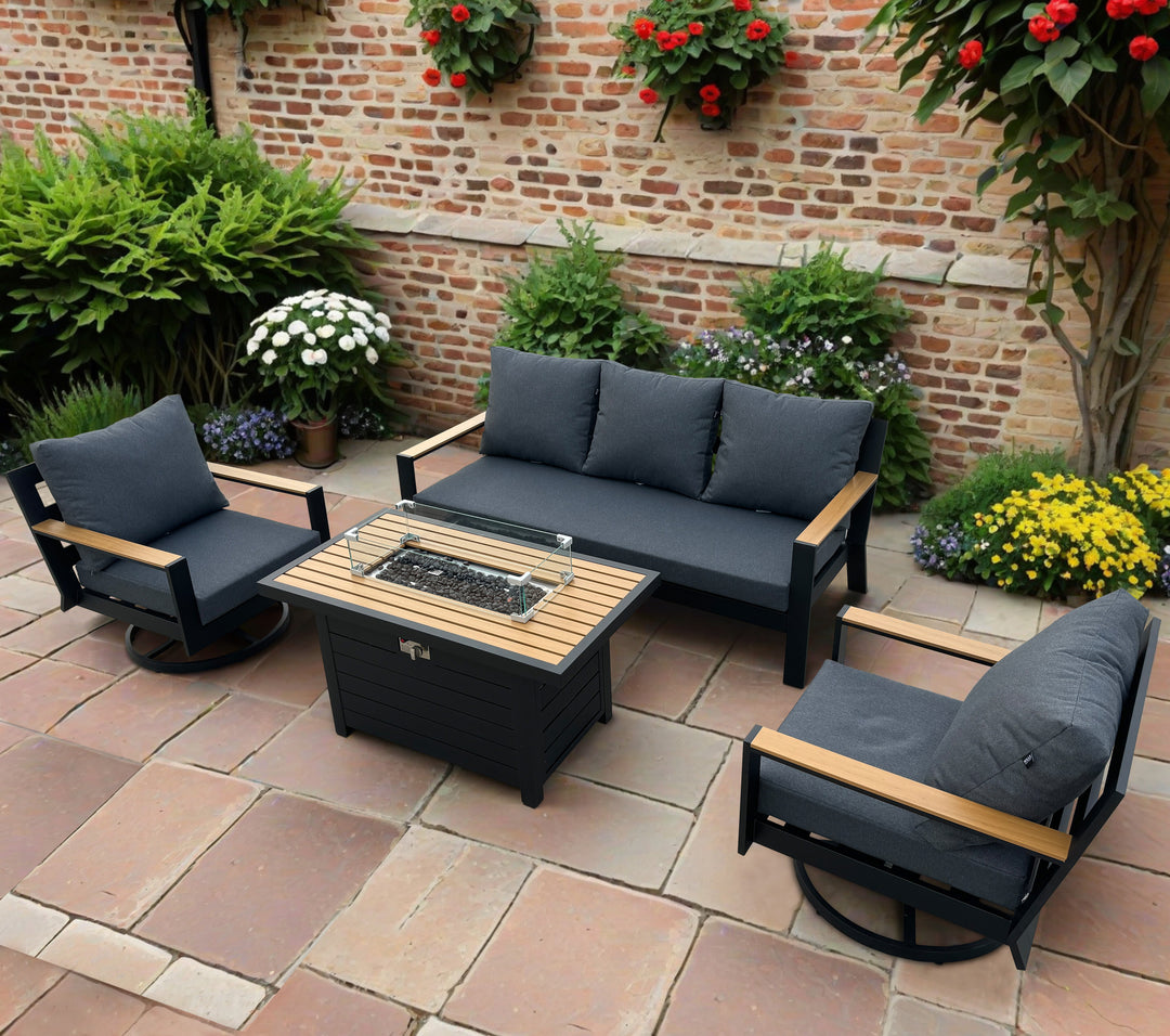 New York New York Casual Dining Set with Fire Pit Table and Swivel Rockers | KENT ONLY DELIVERY