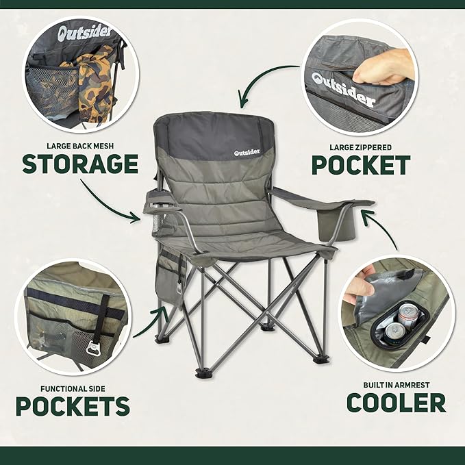 Outsider Oversized Folding Quad Camp Chair with Cooler, Drinks Holder and Bottle Opener
