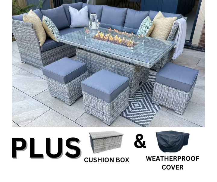 Capri Rattan Outdoor Corner Sofa Set with Fire Pit - BUNDLE