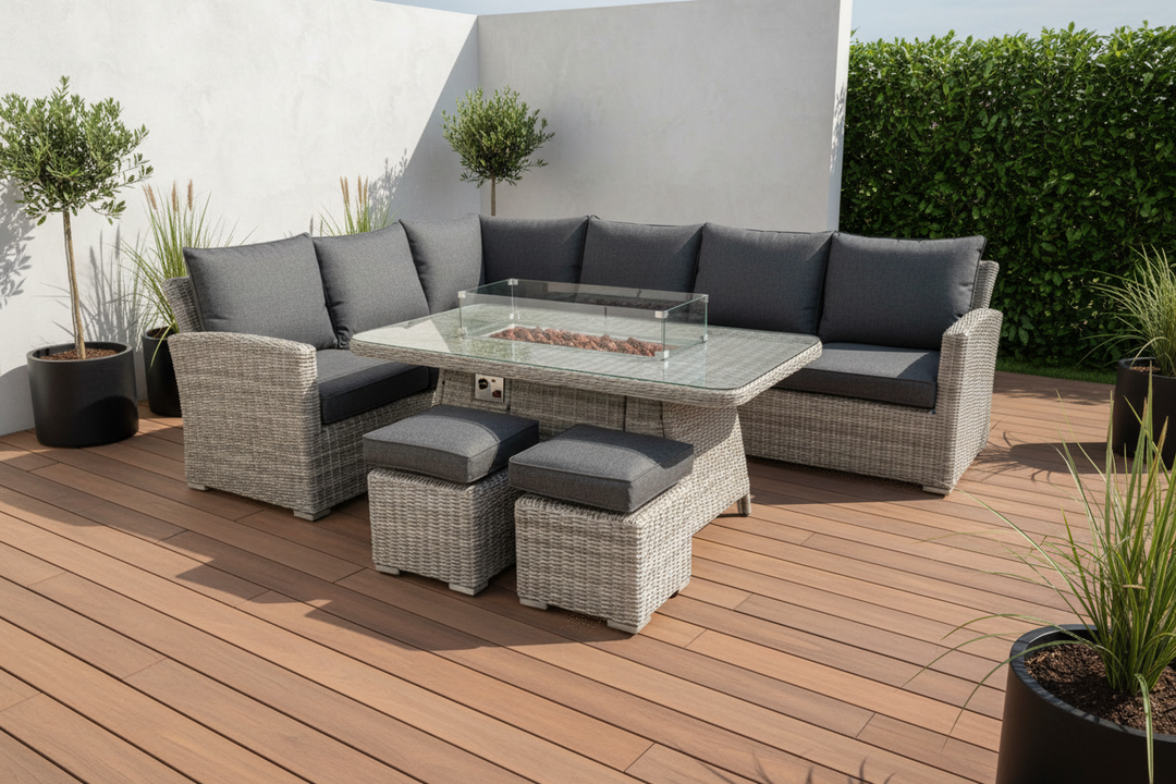 Capri Rattan Outdoor Corner Sofa Set with Fire Pit Table | KENT ONLY DELIVERY