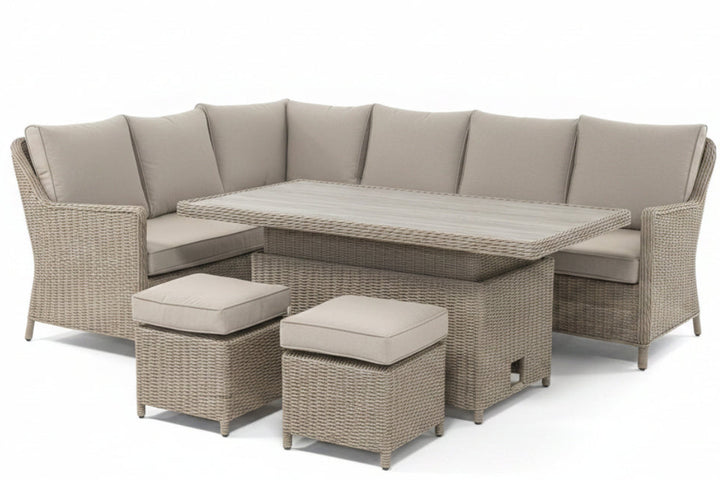 Luna Rattan Outdoor Corner Sofa Set with Rise & Fall Table - Light Oak