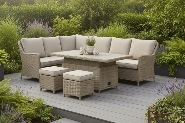 Luna Rattan Outdoor Corner Sofa Set with Rise & Fall Table - Light Oak