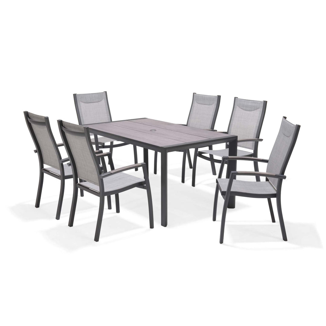BLACK FRIDAY BUNDLE - Urbanite Dark Deluxe High Back 6 Seat Dining Set With Parasol and Base
