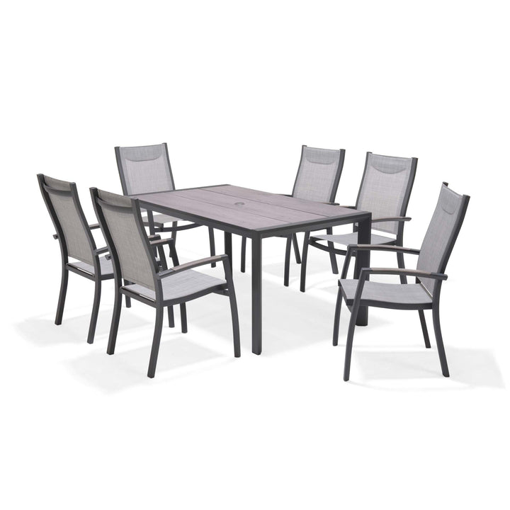 BLACK FRIDAY BUNDLE - Urbanite Dark Deluxe High Back 6 Seat Dining Set With Parasol and Base