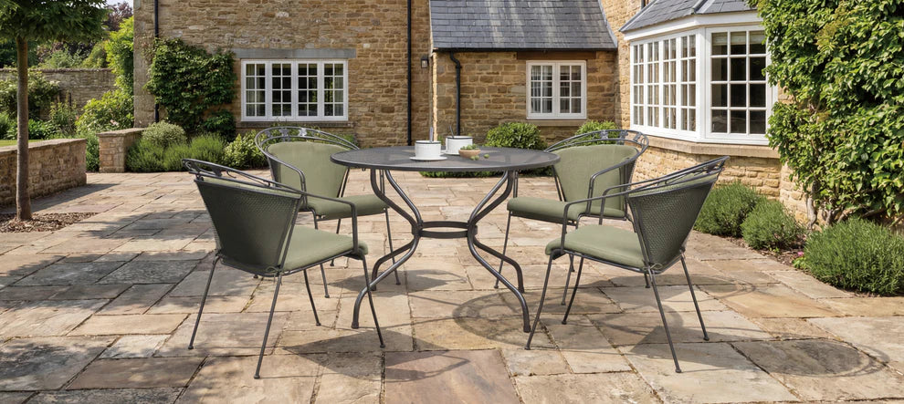 Royal Garden Elagence 4 Seat Round Dining Set with Olive Green Cushions, Parasol and Base