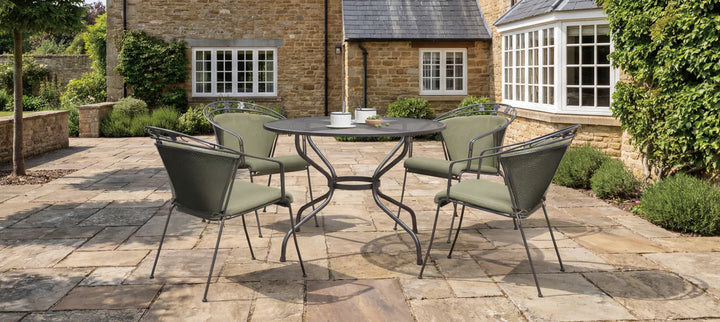 Royal Garden Elagence 4 Seat Round Dining Set with Olive Green Cushions, Parasol and Base