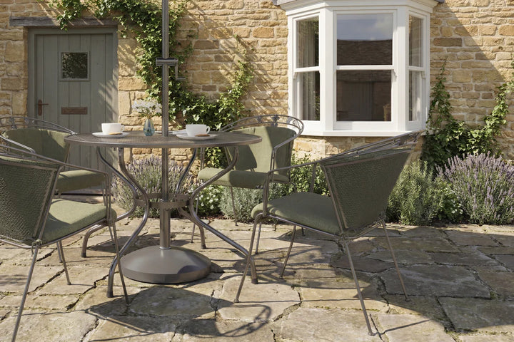 Royal Garden Elagence 4 Seat Round Dining Set with Olive Green Cushions, Parasol and Base