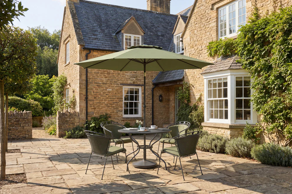 Royal Garden Elagence 4 Seat Round Dining Set with Olive Green Cushions, Parasol and Base