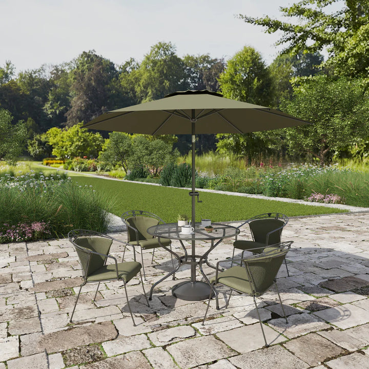 Royal Garden Elagence 4 Seat Round Dining Set with Olive Green Cushions, Parasol and Base