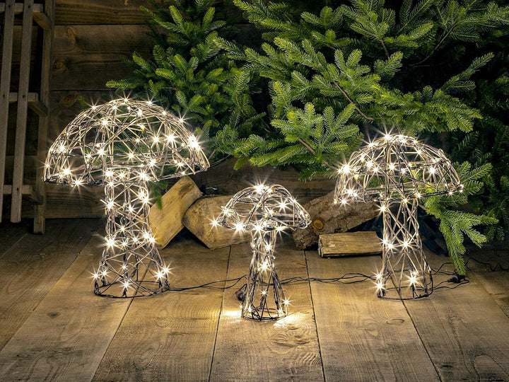 NOMA Set of 3 Warm White LED Brown Wicker Mushrooms Decoration