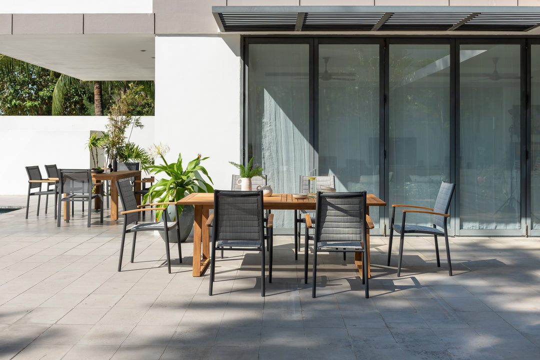 Topaz Agate 6 Seat Rectangular Dining Set with Teak Table & 3D Mesh Chairs