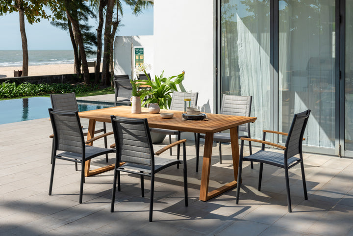 Topaz Agate 6 Seat Rectangular Dining Set with Teak Table & 3D Mesh Chairs