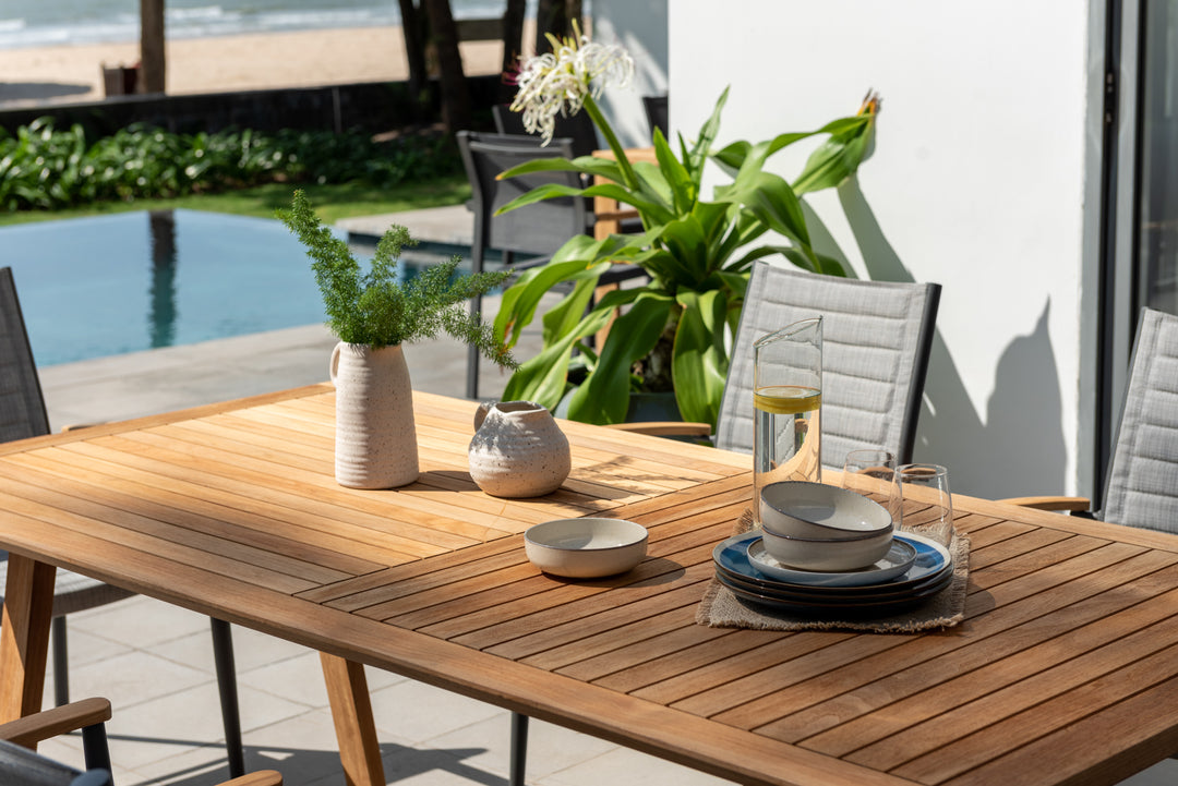 Topaz Agate 6 Seat Rectangular Dining Set with Teak Table & 3D Mesh Chairs