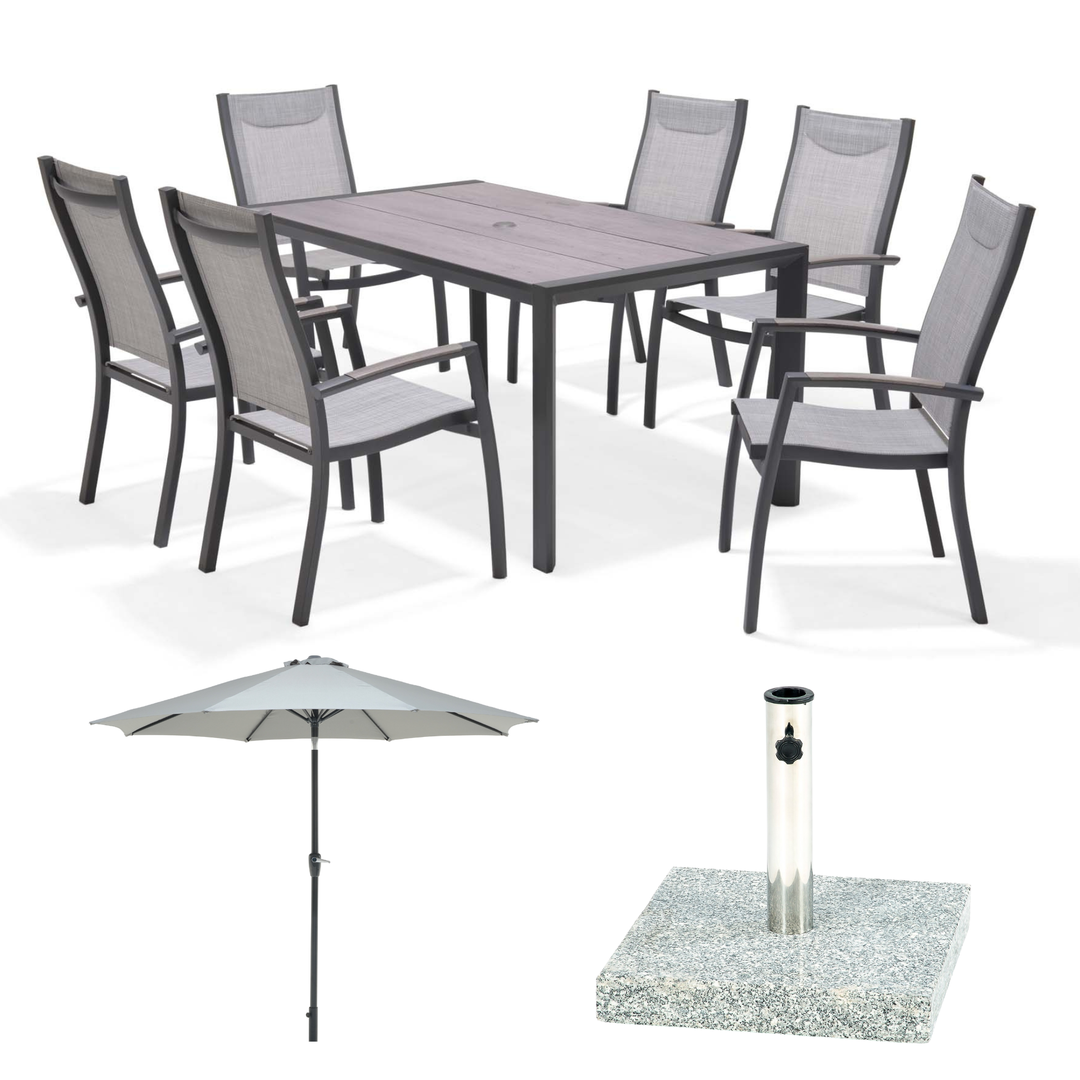 BLACK FRIDAY BUNDLE - Urbanite Dark Deluxe High Back 6 Seat Dining Set With Parasol and Base