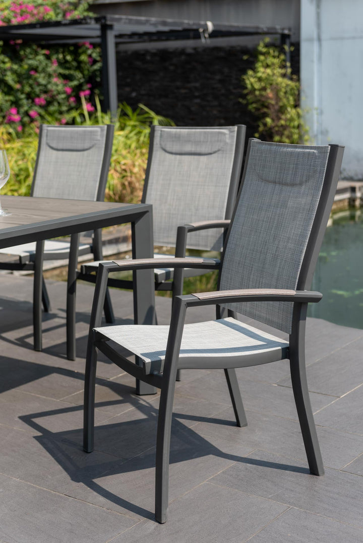 BLACK FRIDAY BUNDLE - Urbanite Dark Deluxe High Back 6 Seat Dining Set With Parasol and Base