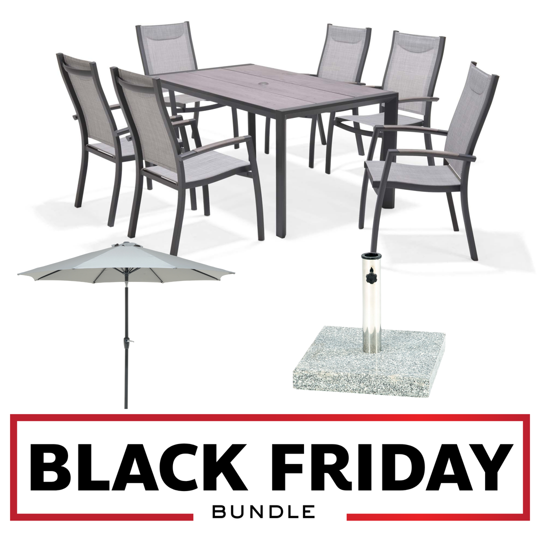 BLACK FRIDAY BUNDLE - Urbanite Dark Deluxe High Back 6 Seat Dining Set With Parasol and Base