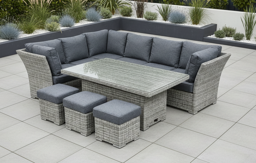 Capri Rattan Outdoor Corner Sofa Set with Height Adjustable Table (With Stools) | KENT ONLY DELIVERY