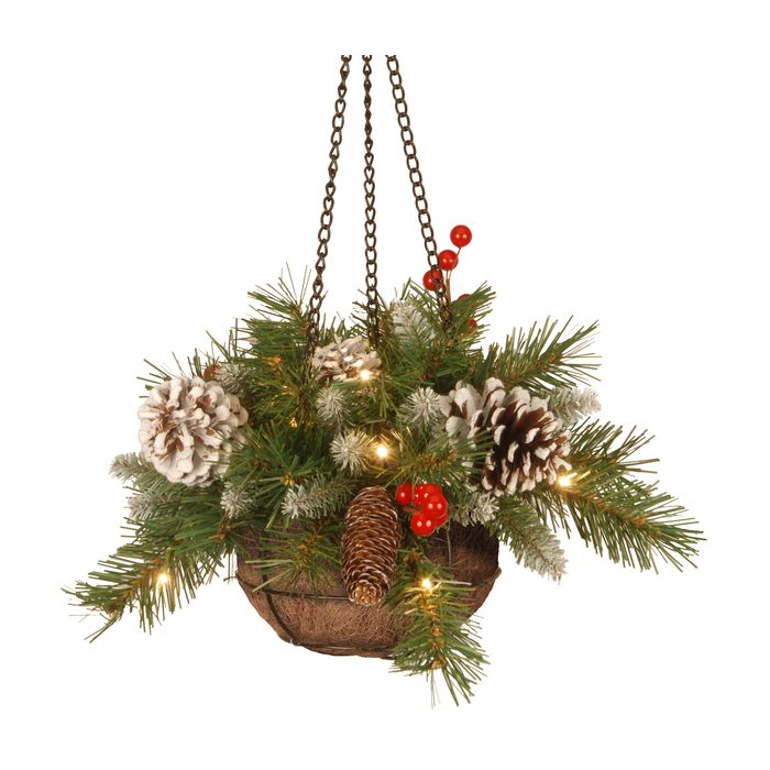 Frosted Berry 14" Hanging Christmas Basket with Warm White LEDs