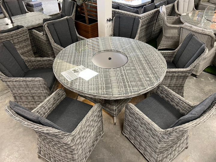 California 6 Seat Round Dining Set with Fire Pit Table - Dark Willow | KENT ONLY DELIVERY